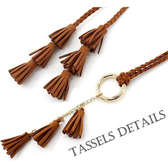 Women Girls PU Leather Waist Belt Chain Skinny Rope with Double Tassel